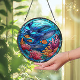 Whale Family Stained Glass Suncatcher, Round Ocean Coral Reef Window Panel, Nautical Sea Life Glass Art Coastal Marine Home Decor Gift